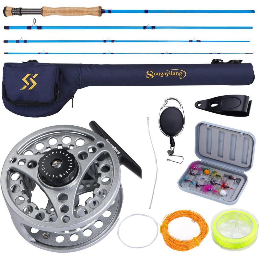 image:imageSougayilang Fly Fishing Combo 4 Piece Fly Rod and CNC Machined Aluminum Alloy Reel Complete Starter Package with Rod BagFly Fishing Combo 8Silver