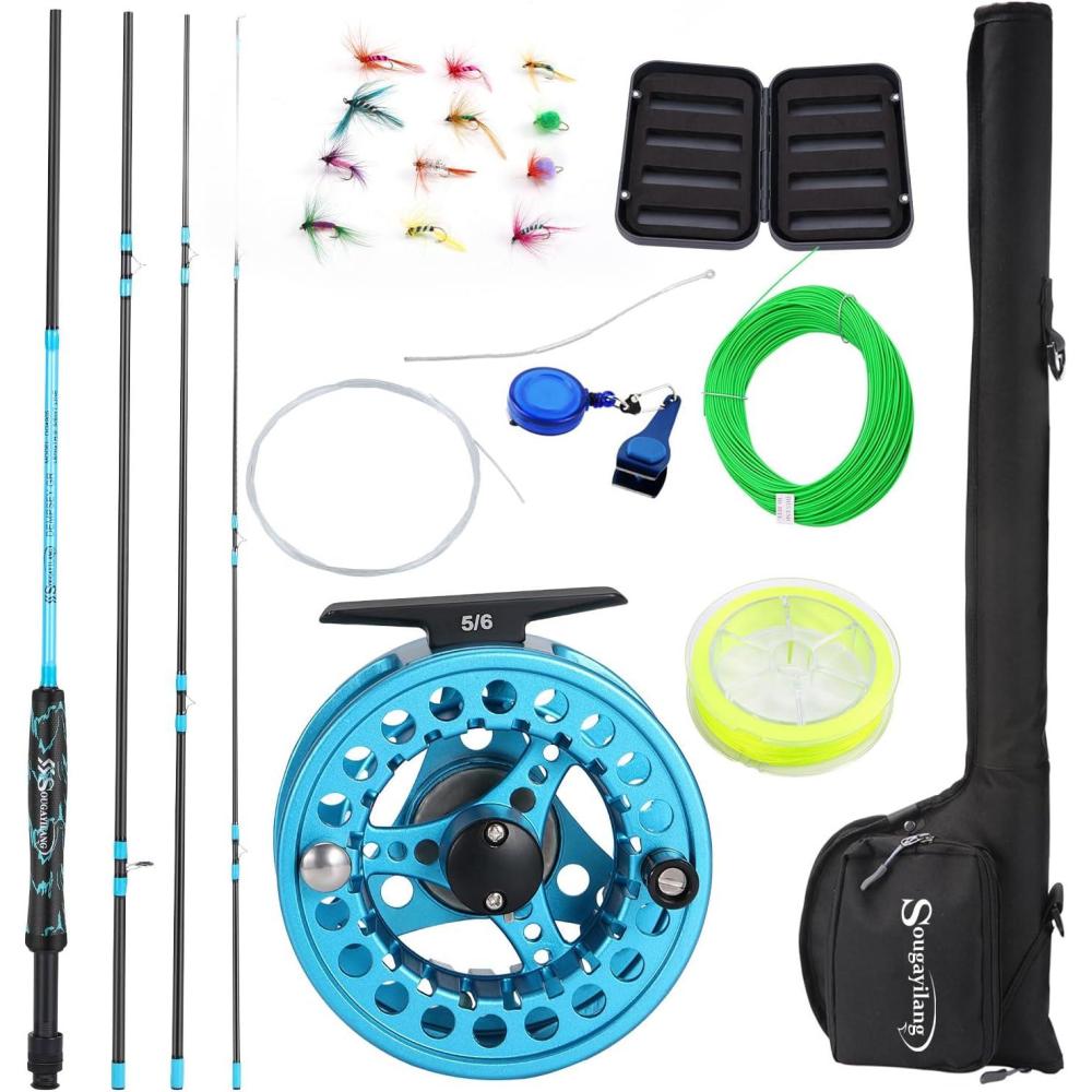 image:imageSougayilang Standard Fly Fishing Combo Starter Kit 56 Weight 9 Fly Rod with SuperPolymer Handle Accessories Carrying Case Fly Box Case amp Fishing FliesBlue