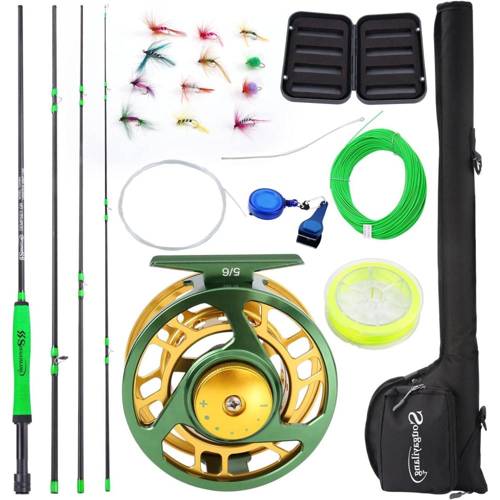 image:imageSougayilang Standard Fly Fishing Combo Starter Kit 56 Weight 9 Fly Rod with SuperPolymer Handle Accessories Carrying Case Fly Box Case amp Fishing FliesGreen
