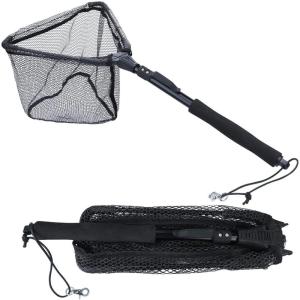 Sougayilang Fishing Net Fish Landing Net, Foldable Collapsible Telescopic Pole with EVA Handle, Durable Nylon Material Mesh, Safe Fish Catching or Releasing(Black-extended Length-28.3” Hoop Size-14.5”)