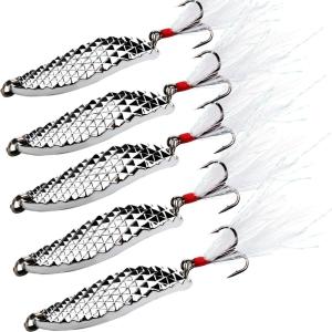 Sougayilang Fishing Spoons Hard Fishing Lures Treble Hooks Salmon Bass Metal Fishing Lure Baits 1/2 OZ(SILVER 5pcs)