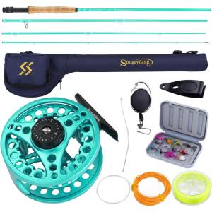 Sougayilang Fly Fishing Combo, 4 Piece Fly Rod and CNC Machined Aluminum Alloy Reel Complete Starter Package with Rod Bag(Fly Fishing Combo #5-Turquoisee)